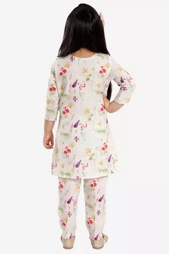  girls' printed floral linen kurta and straight pant set