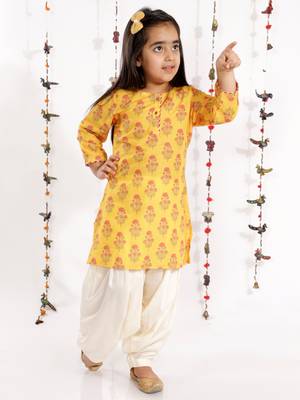  girls' mustard and cream linen kurta and patiala set 1