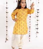  girls' mustard and cream linen kurta and patiala set