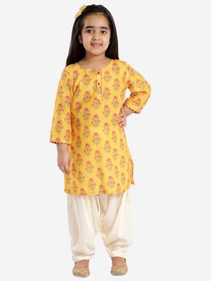  girls' mustard and cream linen kurta and patiala set 2
