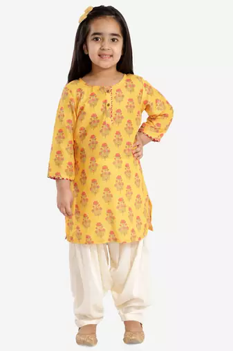  girls' mustard and cream linen kurta and patiala set