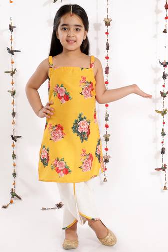  girls' floral printed cotton silk kurta and tulip pants