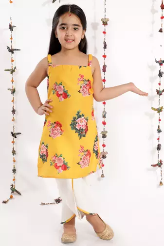  girls' floral printed cotton silk kurta and tulip pants