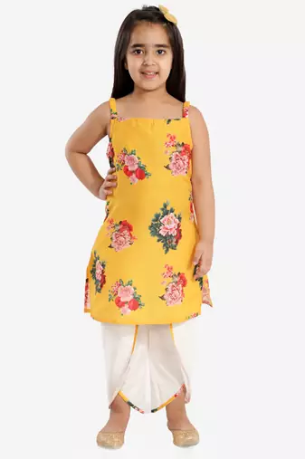  girls' floral printed cotton silk kurta and tulip pants