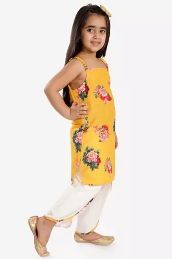 girls' floral printed cotton silk kurta and tulip pants