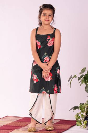  girls' floral printed cotton silk kurta and tulip pants