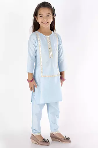  girls' mirror work viscose kurta and pant set