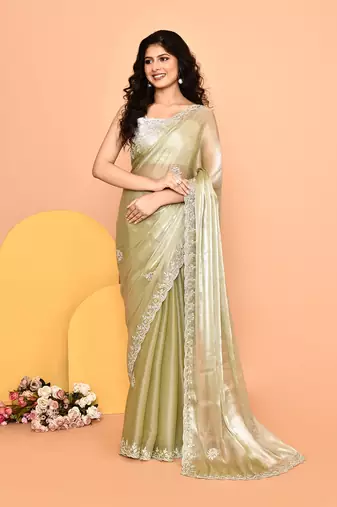 Alluring olive color designer handwork saree