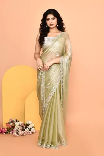 Alluring olive color designer handwork saree