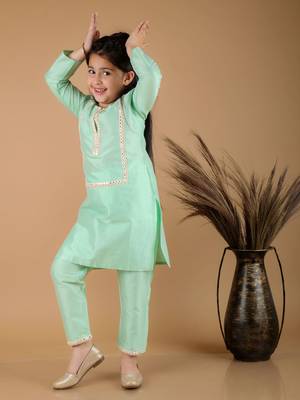  girls' mirror work viscose kurta and pant set 1
