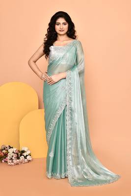 Alluring turquoise color designer handwork saree 1
