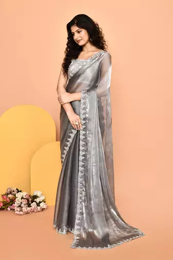 Alluring grey color designer handwork saree