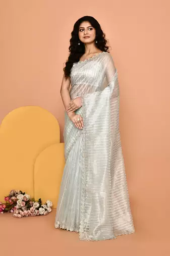 Alluring silver & blue color designer handwork saree