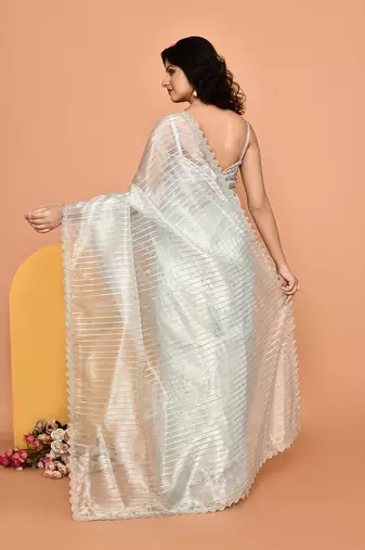 Alluring silver & blue color designer handwork saree