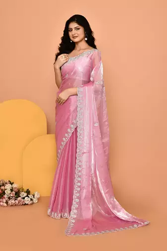 Alluring pink color designer handwork saree