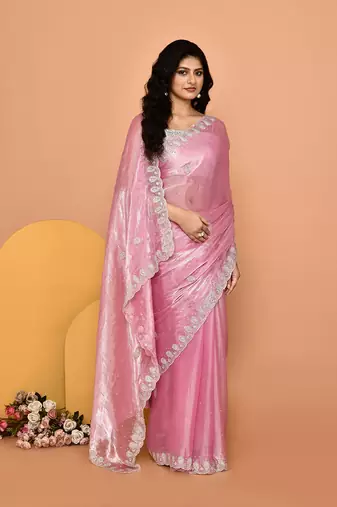 Alluring pink color designer handwork saree