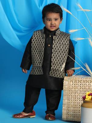  infant  black and gold silk blend jacket, kurta and pyjama set 1