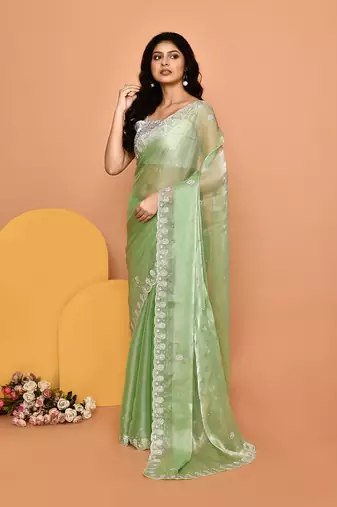 Alluring green color designer handwork saree