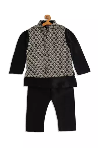  infant  black and gold silk blend jacket, kurta and pyjama set