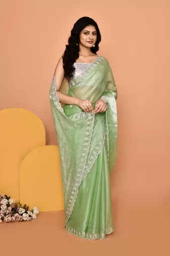 Alluring green color designer handwork saree