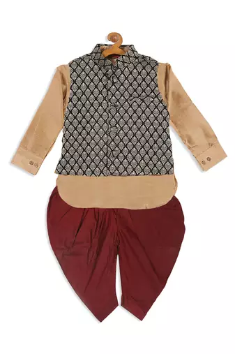  infant  rose gold and black silk blend jacket, kurta and dhoti set