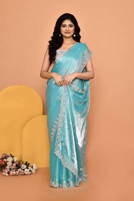 Mesmerizing teal & blue color designer handwork saree 4