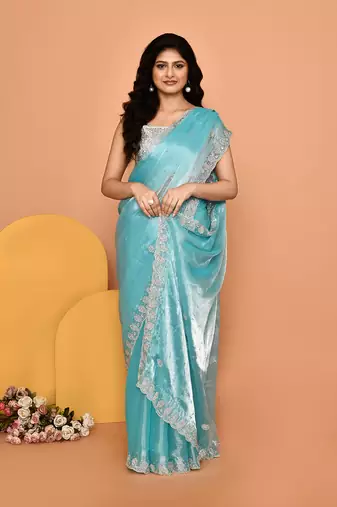 Mesmerizing teal & blue color designer handwork saree