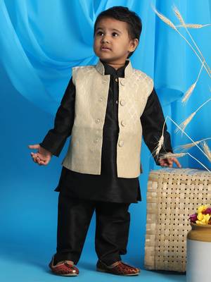  infant  cream and black silk blend jacket, kurta and pyjama set 1