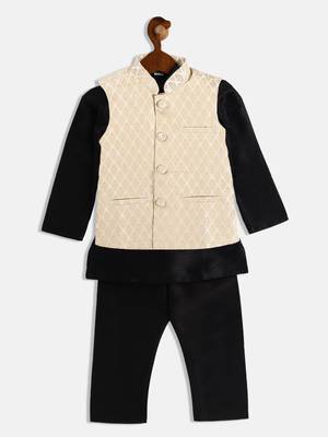  infant  cream and black silk blend jacket, kurta and pyjama set 2