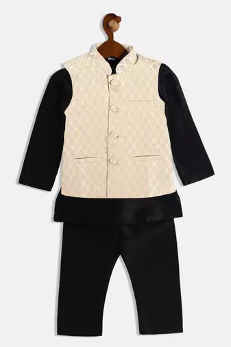  infant  cream and black silk blend jacket, kurta and pyjama set