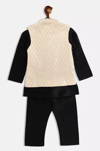  infant  cream and black silk blend jacket, kurta and pyjama set