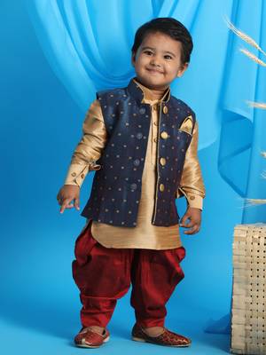  infant  rose gold, persian blue and maroon silk blend jacket, kurta and dhoti set 1
