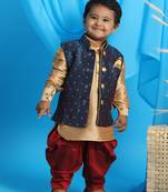  infant  rose gold, persian blue and maroon silk blend jacket, kurta and dhoti set
