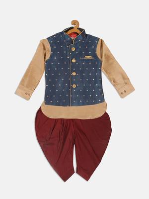  infant  rose gold, persian blue and maroon silk blend jacket, kurta and dhoti set 2