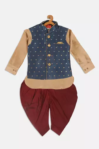  infant  rose gold, persian blue and maroon silk blend jacket, kurta and dhoti set