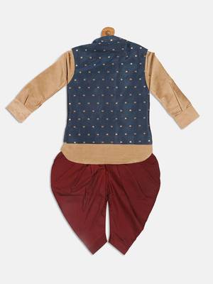  infant  rose gold, persian blue and maroon silk blend jacket, kurta and dhoti set 3