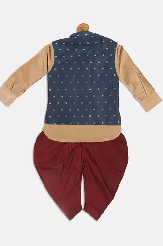 infant  rose gold, persian blue and maroon silk blend jacket, kurta and dhoti set