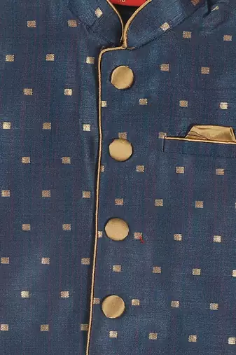  infant  rose gold, persian blue and maroon silk blend jacket, kurta and dhoti set