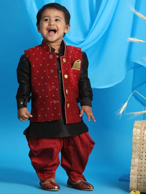  infant  maroon and black silk blend jacket, kurta and dhoti set 1