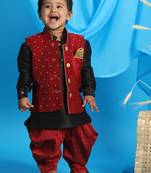  infant  maroon and black silk blend jacket, kurta and dhoti set