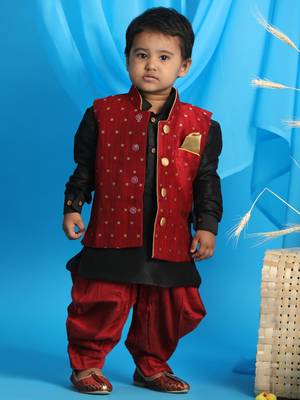  infant  maroon and black silk blend jacket, kurta and dhoti set 2