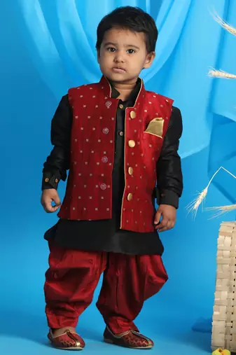  infant  maroon and black silk blend jacket, kurta and dhoti set