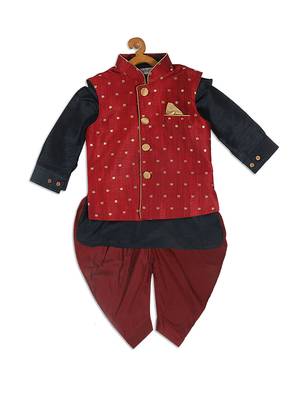 infant  maroon and black silk blend jacket, kurta and dhoti set 3