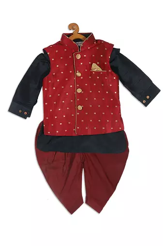  infant  maroon and black silk blend jacket, kurta and dhoti set
