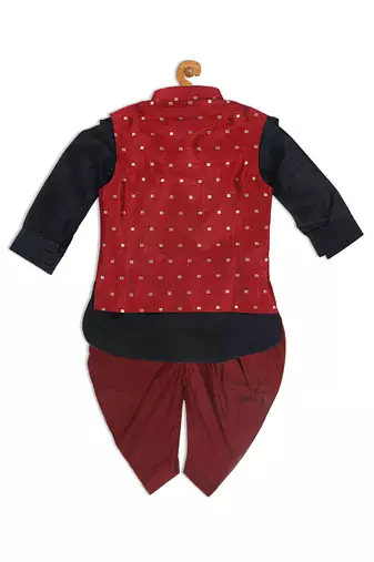  infant  maroon and black silk blend jacket, kurta and dhoti set