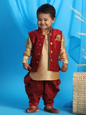  infant  maroon and rose gold silk blend jacket, kurta and dhoti set 1