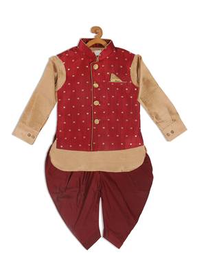 infant  maroon and rose gold silk blend jacket, kurta and dhoti set 2