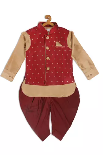  infant  maroon and rose gold silk blend jacket, kurta and dhoti set