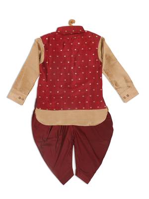  infant  maroon and rose gold silk blend jacket, kurta and dhoti set 3