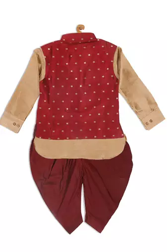  infant  maroon and rose gold silk blend jacket, kurta and dhoti set